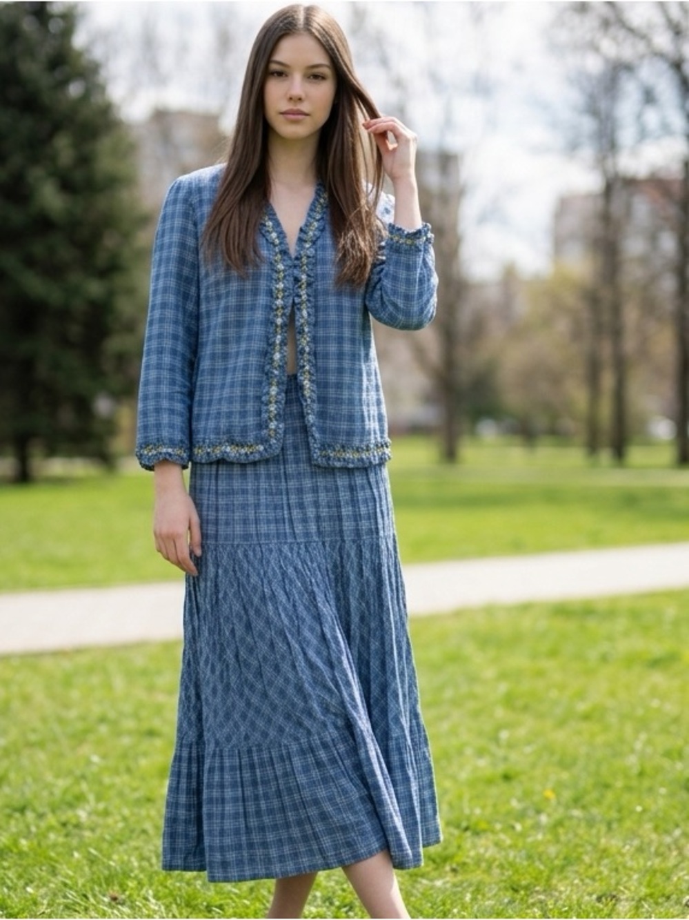 Double D Ranch Women’s Rodeo Country Blue Plaid Prairie Dress & Jacket Set Sz M